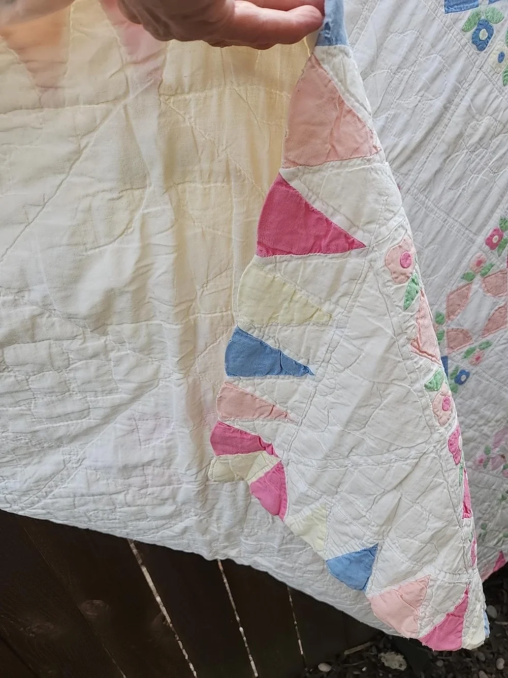Vintage Handmade Cotton Patchwork Quilt in Pink, Blue & Green 79x78
